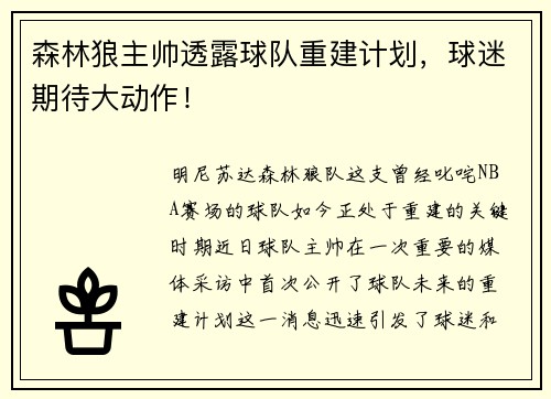 森林狼主帅透露球队重建计划，球迷期待大动作！
